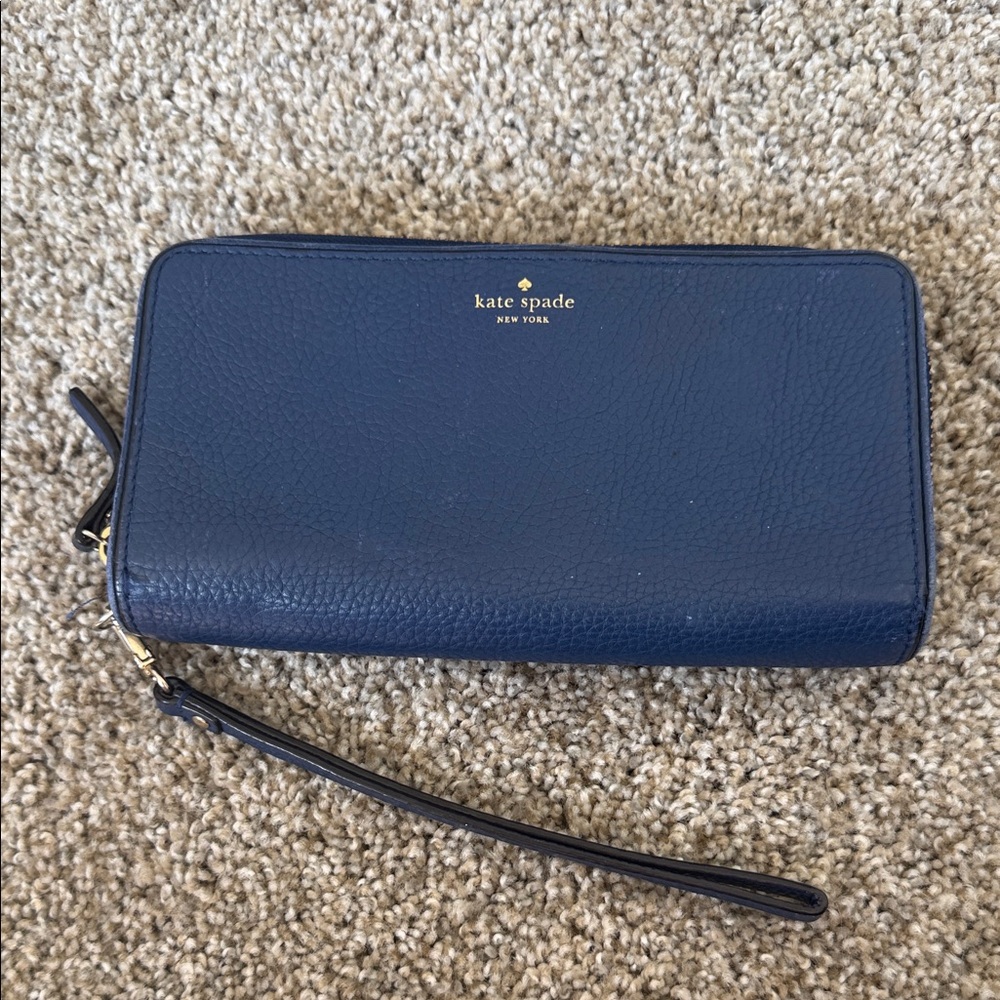 kate spade Navy Leather Zip-Around Wristlet with Gold Logo